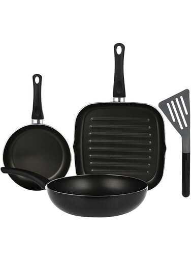 Rossetti Milano 4 Piece Made in Italy Cookware Set, 28cm Non-Stick Stir-Fry Wok + 28cm Non-Stick Grill Pan + 22cm Non-Stick Frying Pan + Extra Big Turner Kitchen Tool, PFOA-free Metallic Black