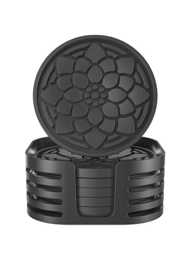 Aputue Silicone Coasters, 6 Pack Non-Slip Drink Coasters with Holder, Silicone Cup Holder Coasters, Cup Coasters for Drinks Desk Home Decor Tabletop Protection, Round Black Coasters