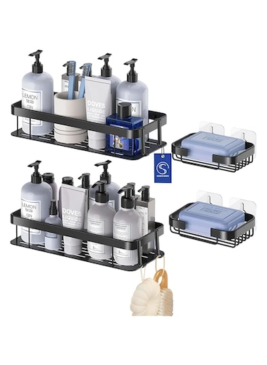 SEMOZEN 2 Pack Shower Caddy w/Soap Dishes, Aluminum Bathroom Shower Rectangle w/Strong Adhesive, No Drilling Wall Mounted, Shower Caddy Rack, Shower Shelf for Home Kitchen Dorm (Black - 30x13x5cm)