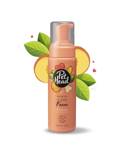 Pet Head Dog Grooming Deodoriser Foam 200ml, Quick Fix No Rinse, Peach Scent, Best Dry &amp; Waterless Shampoo For Smelly Dogs, Nourishes And Softens Coat Skin, Vegan, Gentle Formula Puppies