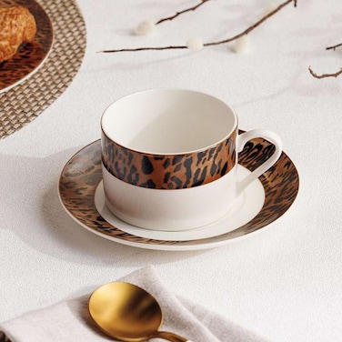 Home Savanna New Bone China Tea Cup &amp; Saucer 220ml -Warm Gold &amp; Black