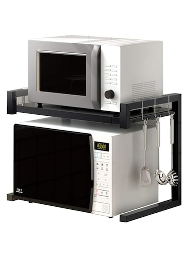 OTENGD Expandable Microwave Oven Rack, 2-Tier Kitchen Countertop Storage Organizer with 3 Hooks, Save Space Stainless Steel Storage Shelf, for Oven, Toaster
