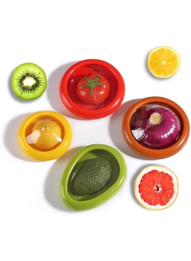 ELECDON Saver Holder Storage Containers for Fridge, Reusable Food Saver for Tomato, Onion, Lemon Keeper Holder, Refrigerator Vegetable Fruit Crisper (4 Pcs)
