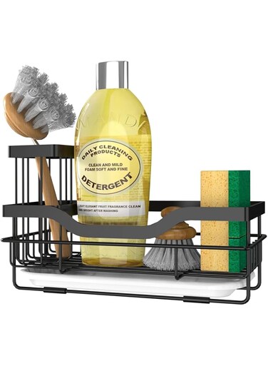 Kameety Kitchen Sink Caddy Sponge Holder, 304 Stainless Steel Holder For Sink, Kitchen Organizer Soap Brush Dispenser, Sponge Holder For Kitchen Sink Holder, Countertop With Removable Drain Tray