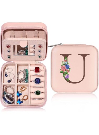 GDTOMEEU Birthday Personalized Gifts for Women Friend Sister, Small Travel Jewelry Case Jewelry Box Jewelry Organizer, Ring Necklace Earring Jewelry Holder Organizer Box with Mirror Letter (U)
