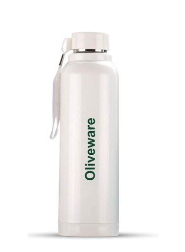 Aura Insulated Stainless Steel Bottle  Keep Hot &amp; Cold for Long Hours   Fits Bags &amp; Fridge   Strap for Easy Carry - 750ml-White (Cream)