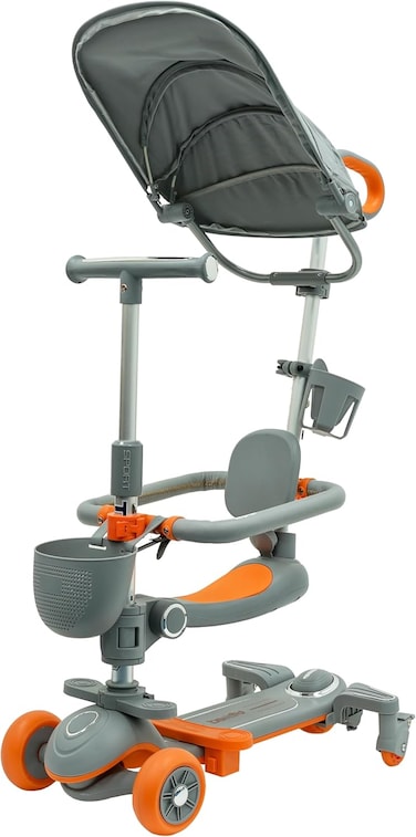 Lovely Baby 4-in-1 Toddler Scooter TG 8028  Kids Scooter w/ Adjustable Push Bar and Sun Shielding Canopy, Ages 1-12 Years Old - Grey