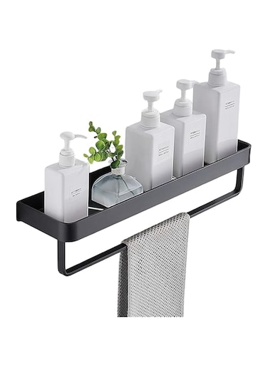 Aokraty Bathroom Shelf with Towel Bar, Wall Mounted Shower Storage Organizer Holder Rack, Floating Shower Shelf for Bathroom,Kitchen,Toilet (Black) (40CM)