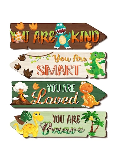 4 Pieces Dinosaur Room Decor Boys Wood Dinosaur Sign Wall Art Decors Watercolor Dinosaur Wooden Hanging Wall Prints Plaques Motivational Quote Room Decor for Kids Bedroom Nursery Playroom Decorations