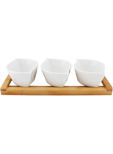 Shallow Porcelain Serving Bowl with Bamboo Pedestal, White/Brown, Dd3232, 3 Pieces