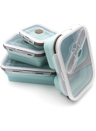 Auroware Silicone School Lunch Box Container Set 4 Piece Food Storage with Lid, Spoon Collapsible Saving Space Lightweight Dishwasher Safe Mint Green