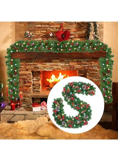 Coolchic Christmas Garland, 9FT/2.7M Premium Christmas Garland with 50 LED Lights, Greenery Xmas Garland with 20 Pine Cones 90 Red Berry Christmas Decoration for Indoor Outdoor Home