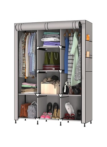 MY ARMOR 3-Door Foldable Wardrobe for Clothes, Mutifunctional Storage Rack Cabinet Fabric Almirah, Collapsible Wardrobe Organizer Cupboard, Grey, 8 Shelfes &amp; 2 Hanger Cabinet Design