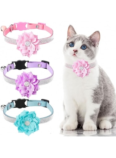 3 PCS Rhinestone Cat Collars, Kitten Flower Collar Adjustable Breakaway Collar Soft Velvet Shine Collar Fancy Cat Collar Cat Collar with Bell for Small Dogs Puppy (Pink, Blue, Purple, Flower Style)
