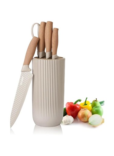 Tazweeq Kitchen Knife Set, Retrosohoo 6-Pieces Khaki Sharp Knife Set for Kitchen, Non-Stick Non-Slip Stainless Steel Chef's Knife Set with Universal Holder for Home Restaurants