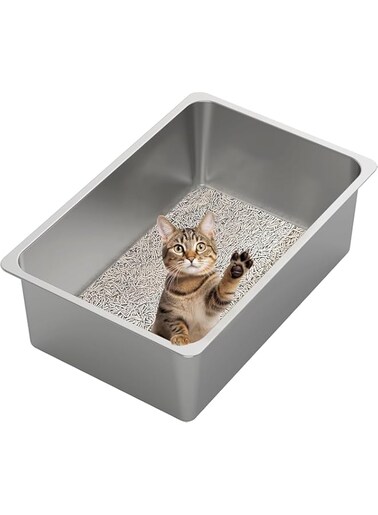 SLEEPHEAD&reg; Stainless Steel Cat Litter Box High Side Cats Toilet Kitten Litter Pan, Pet Cleaning Tool for Big and Small Cats, Rabbits, Splash-Proof and Non-Stick Cat Poop Box odorless 52.9*32.7*15cm