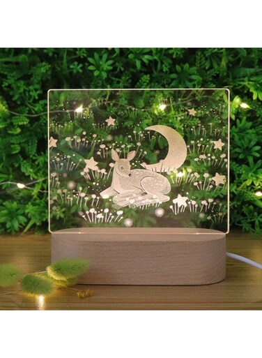 3D Acrylic Night Light Table Lamp with Wooden Base &ndash; Deer and Moon Design, Perfect Gift for Birthday, Anniversary &amp; Home D&eacute;cor