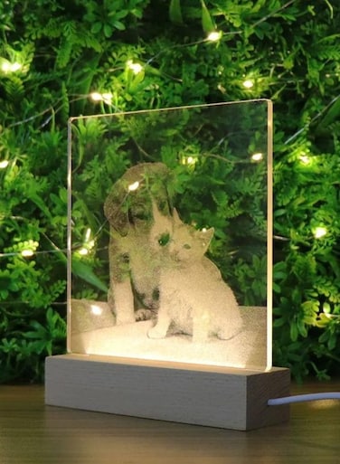 3D Acrylic Cat &amp; Dog Night Light Table Lamp with Wooden Base &ndash; LED Decorative Home Decor Gift in UAE