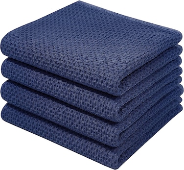MahMir 100% Cotton Waffle Weave Kitchen Dish Cloths, Waffle Tea Towels Ultra Soft Absorbent Quick Drying Dish Towels, 34x34 CM, 4-Pack. (Blue)