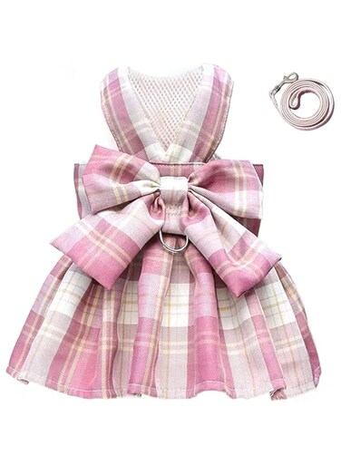 Tikwek Dog Clothes for Small Dogs Girl, Plaid Dog Dress Bow Tie Harness Leash Set, Puppy Cute Bow Skirt, Pet Outfits with Leash Ring,XS M Pet Skirt(Pink,S)
