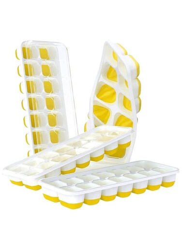 4 Piece Pack, Easy-Release Flexible &amp; Silicone 14-Ice Trays with Spill-Resistant Removable Lid, and BPA Free, for Cocktail, Freezer, Stackable Chocolate Trays with Lids ( Yellow )