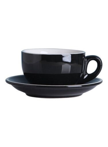 2-Piece Ergonomically Designed Fade-Proof Comfortable Grip White Edge Cup And Saucer Black 10.2x10.2x7cm