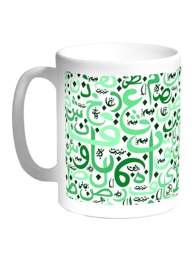 Arabic Letters Printed Coffee Mug White/Green 11ounce