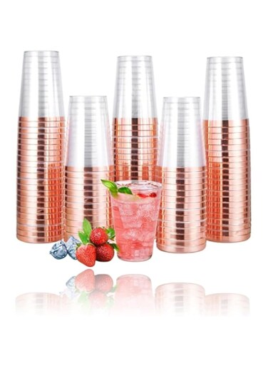 Sweet seven Elegant 10 oz Rose Gold Rim Plastic Cups - 50 Pack Clear Tumblers for Parties, Weddings, and Events