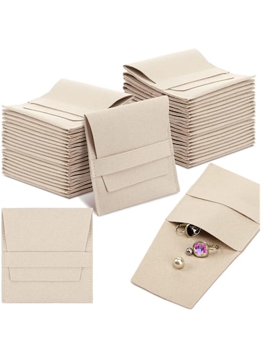 Bonuci 40 Pcs Microfiber Jewelry Pouch with Band 8 x 8 cm, Jewelry Packaging Bag Luxury Small Jewelry Gift Bags Microfiber Bag for Bracelet Necklace Packaging (Khaki)