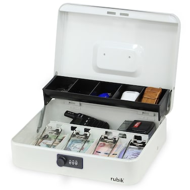 Rubik X-Large Cash Box with Combination Lock Money Tray Coin Slot Tray Steel Register For Business, Durable Portable Security Lockable Money Box Safe for Cash Storage (white)