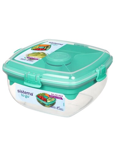 Salad Max To Go 1.63L ,Stackable &amp; portable salad storage box, cutlery included &amp; divided trays with easy locking clips. Its Microwave, Dishwasher Safe &amp; BPA Free. Green Clip