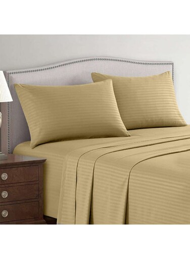 Linen Klub 3-Piece Double Bed Sheet Set &acirc;&euro;&ldquo; 100% Cotton Sateen Stripe Patterned &acirc;&euro;&ldquo; Size: 220x240cm + 2 Pillowcases 50x75 cm &acirc;&euro;&ldquo; Ultra-Soft, Luxury Hotel Collection Cotton Bronze Double