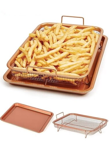 Crisper Tray,2-Piece Non-Stick Rectangular Crisper Tray Set,Copper Oven,Frying Basket And Baking Sheet,Dishwasher Safe,Heat-Resistant