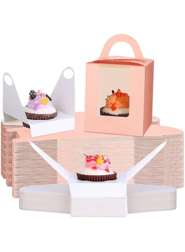 S SYMEFER Single Cupcake Containers - 50 Pack Large Individual Cupcake Boxes Carrier with Insert &amp; Handles and Window For Birthday Party Pastries, Cookies, Small Cakes, Pie, Cupcakes Use (Pink)