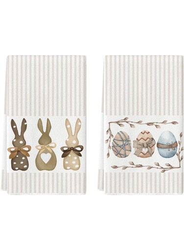 Stripe Rabbit Bunny Eggs Easter Kitchen Towels Dish Towels, 16x23 Inch Spring Decoration Hand Towels Set of 2
