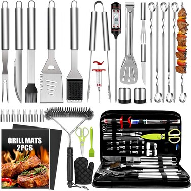 34-Piece Heavy Duty BBQ Grill Accessories Set &ndash; Stainless Steel Outdoor Barbecue Tool Kit with Carry Bag, Heat-Resistant Gloves, Skewers &amp; Corn Holders for Camping, Backyard &amp; Gifts