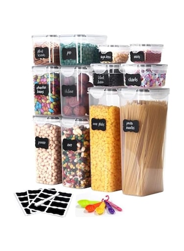 12 PCS Airtight Food Storage Containers with Lids Transparent Plastic Food Containers Kitchen Pantry Storage Organizer for Cereal Flour Sugar Pasta Dry Food Storage with Labels Measuring Spoons