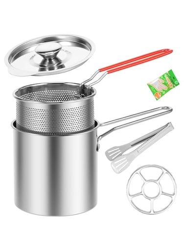 PGQIQGNM multifunctional Fryer, 2025 New 2-in-1 304 Stainless Steel Multifunctional Deep Fryer Oil Strainer Pot, Mini Small Deep Fryer Pot with Basket for Home Use Kitchen Gadget (Silver Fryer+basket+