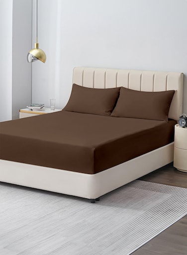 Linen Double Plain Fitted Elastic Bedsheet with 2 Pillow Case 160 x 200 Cm Coffee Brown