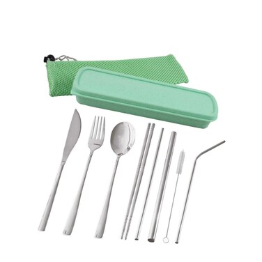 Portable Travel Utensils, Reusable Cutlery Camping Utensil Set with Case Including Stainless Steel Knife Fork Spoon Chopsticks Cleaning Brush Straws 8pcs