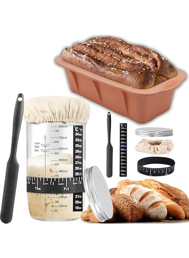 AquaFalcon 7Pcs Sourdough Starter jar Kit, 35 oz Heat Resistant Glass Container for Sourdough Bread Baking, Bread Lame, Metal Lid &amp; Cloth Cover, Thermometer- Baking Supplies