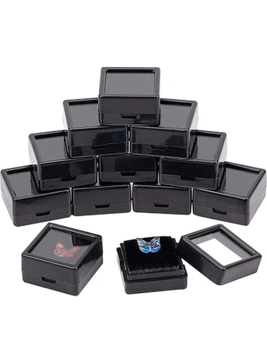 SWIUKPHE Gemstone Display Box, 12Pcs Mini Square Acrylic Jewelry Box, Container with Clear Top Lids and Sponge Inside for Gems, Coins, Jewelry Packing (Black, 1.16 x 1.16 x 0.65 Inch)