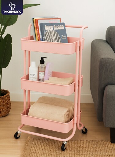 3 Tier Metal Utility Multipurpose Trolley Organizer Cart With Wheels For Office, Kitchen Bathroom Bedroom Black 43x36x86.5cm