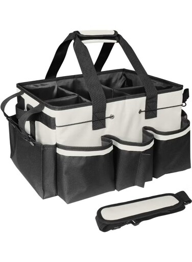 Large Cleaning Caddy Tote, Cleaning Supplies Organizer with Detachable Handles Shoulder Strap, Cleaning Caddy Bag with Foldable Divider for Cleaners, Portable Multi Cleaning Bag for Home, Housekeepers&iuml;&frac14;&OElig;Garden,17.7 * 10.2 * 9.1in( Black White)