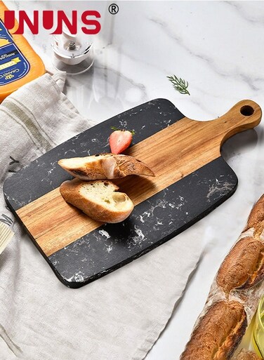 Cutting Board With Handle,Wooden Chopping Board With Marble And Natural Wood,Serving Board For Steak Fruits Bread,Black