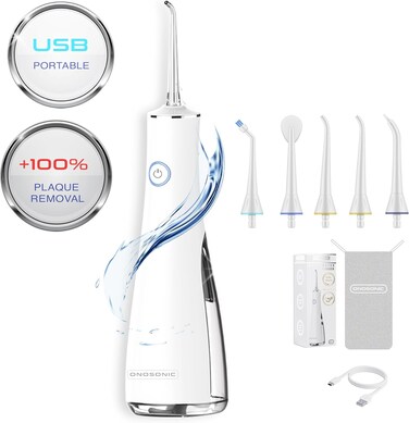 ONOSONIC DF-1 Cordless Rechargeable USB Portable Water Flosser Oral Irrigator for Teeth, Gums, Braces 5 Flossing Tips Different Pressure Modes Travel Bag, Dentist Recommended
