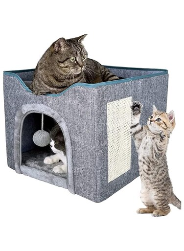 Cat House, Foldable Cat Bed for Indoor Cats and Puppies, Durable Large All-Season Pet Play Rest Sleep Cube Cave with Fluffy Hanging Ball, Scratch Pad, and Detachable Storage Box, Cat Hideaway (Grey)