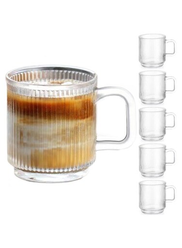 PACK Premium Glass Coffee Mugs with Handle, 12 OZ Classic Vertical Stripes Glass Coffee Cups, Transparent Tea Cup for Hot/Cold Beverages, Glassware Set for Americano, Latte, Cappuccino