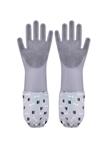 Heat-Resistant Pet Grooming Gloves (1 Pair) - Dual-Sided Silicone Brush for Dogs, Cats, Horses, Teeth Design Shedding Hair Remover &amp; Massage Tool, Waterproof Cleaning Gray