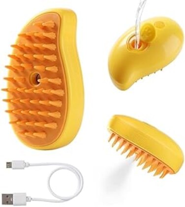 Mango Steam Brush for Cats, 3 in 1 Multifunctional Kitten Hair Rechargeable Silicone Steamy Cleaning Brush for Massage, Removing Tangled and Loose Hair Self for Cats Dogs (Yellow)